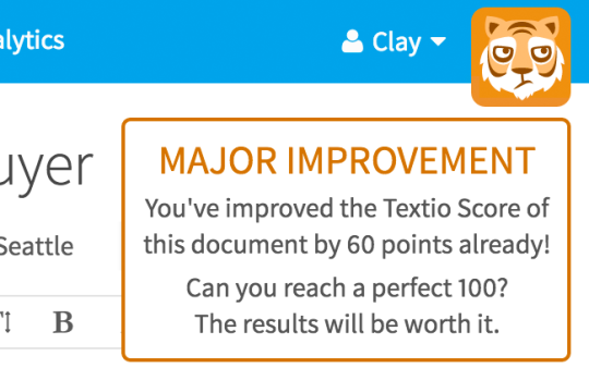 Textio achievement saying "Major Improvement: You've improved the Textio Score this document by 60 points"