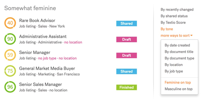 Screenshot of Textio's document library sort functionality