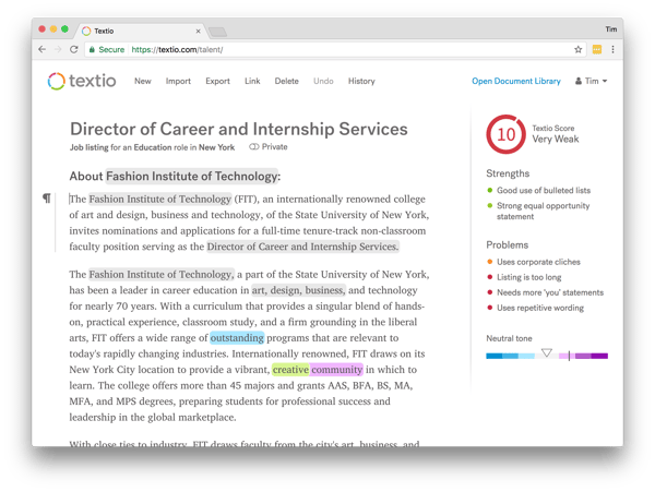Textio analysis of job post for Director of Career and Internship Services at Fashion Institute of Technology (FIT), featuring highlighted terms, strengths, problems, and Textio Score
