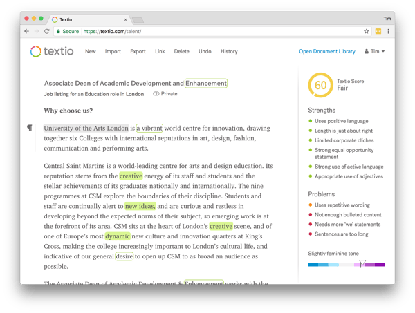 Textio analysis of job listing for the position of Associate Dean of Academic Development and Enhancement at University of the Arts London (UAL), featuring highlighted terms, strengths, problems, and Textio Score