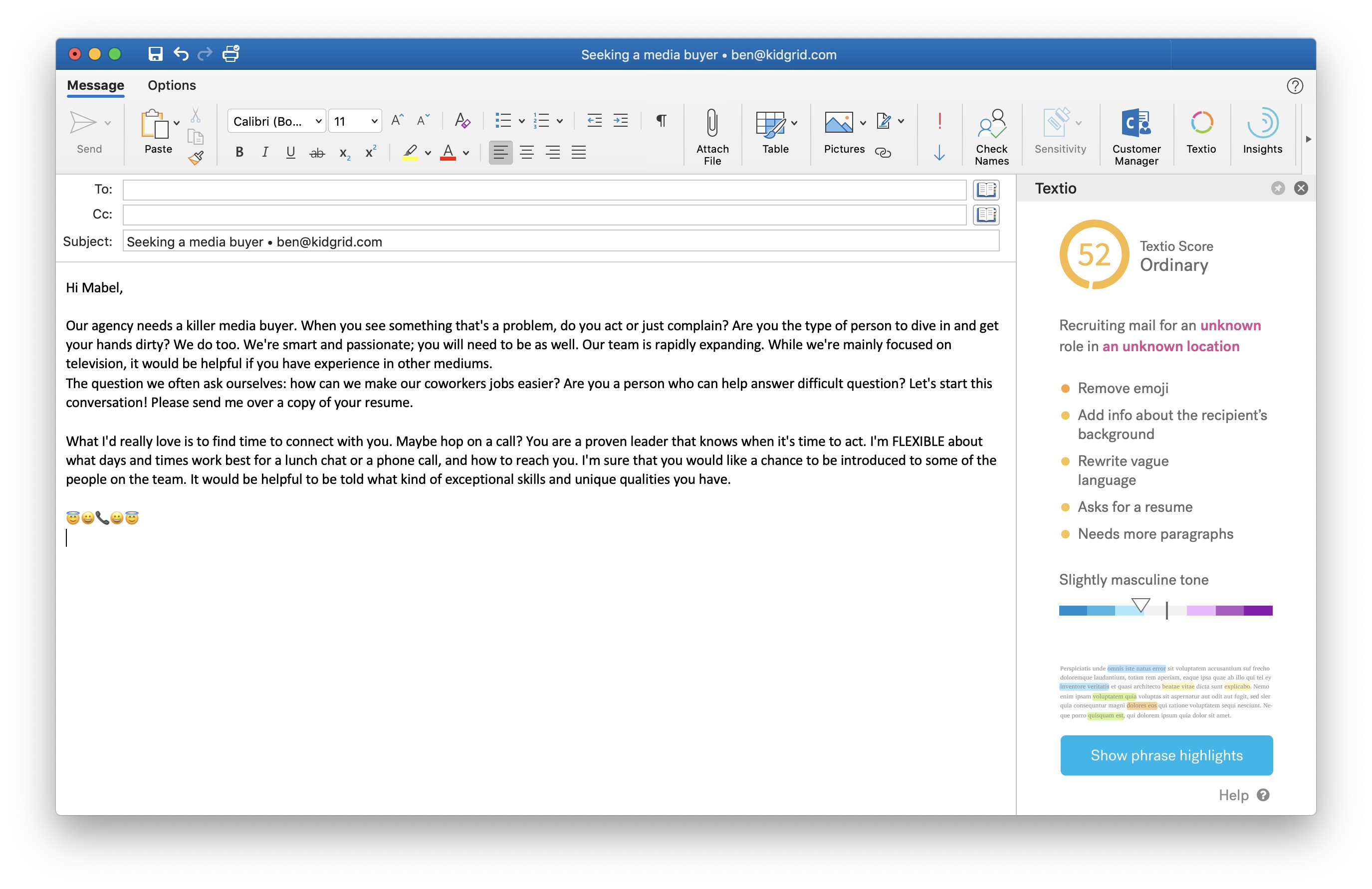A screenshot of Textio for Outlook