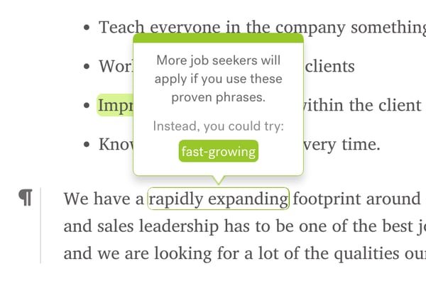 Textio's text editor showing a suggestion to change the phrase "rapidly expanding" to "fast-growing"