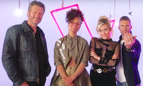 Photo of The Voice judges Blake Shelton, Alicia Keys, Miley Cyrus, and Adam Levine