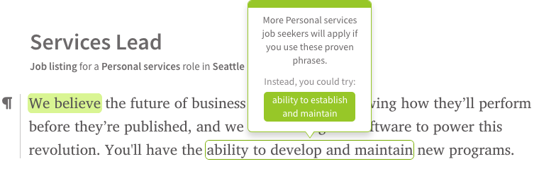 Screenshot of a personal services role with an opportunity phrase hovered on to show a job type specific tool tip
