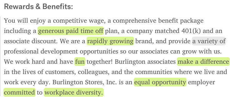 The Rewards & Benefits section of a Burlington Coat Factory job post analyzed in Textio