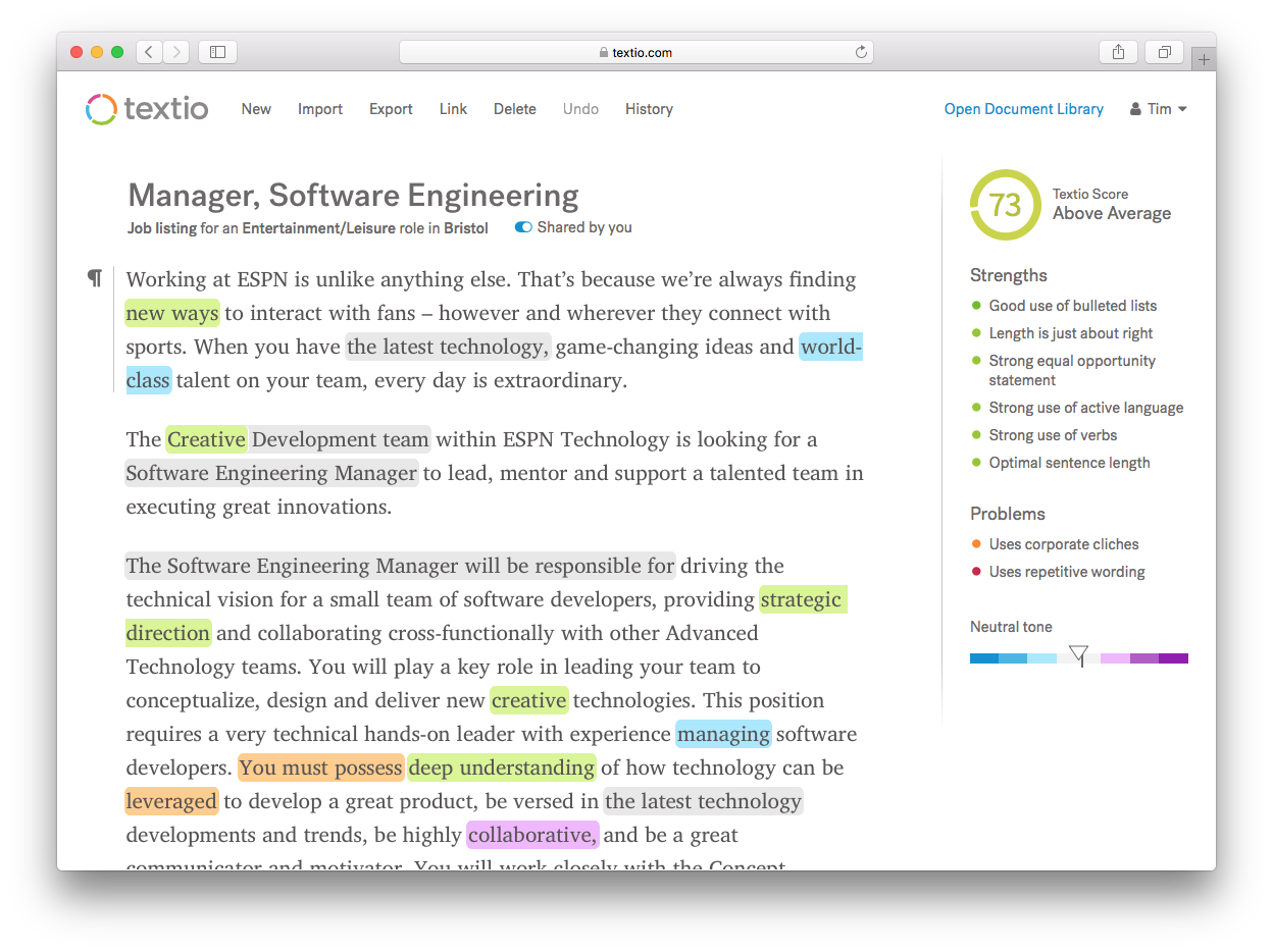 Textio product screen for job posting analysis of Manager, Software Engineering role at ESPN featuring "Above Average" Textio Score, Strengths list, Problems list, and "neutral" tone on gender tone scale