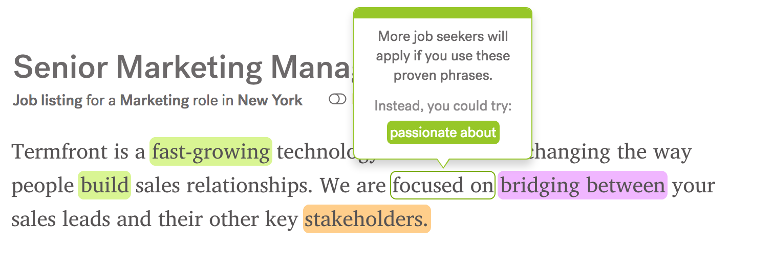 Screenshot of Opportunity feature in Textio showing the phrase "passionate about" as a suggested improvement to the phrase "focused on"
