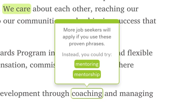Screenshot of job ad copy in Textio with opportunity suggestions of alternative wording for the term "coaching"