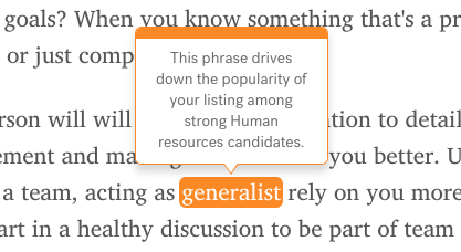 Phrase highlighted orange showing a tooltip indicating job type specific data