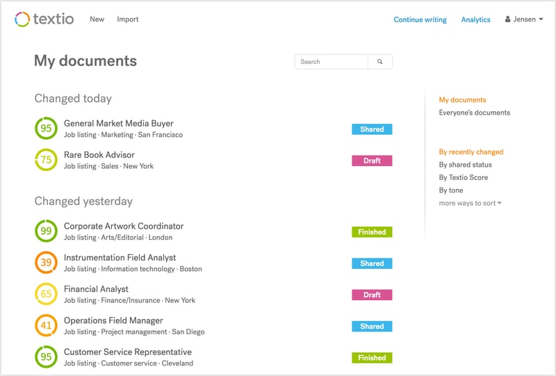 Screenshot of Textio's document library