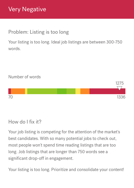 Textio product screen featuring "Problem: Listing is too long" with explanation of ideal job listing length, number of words at 1275 on scale of 70 to 1336, and recommendations for fixing