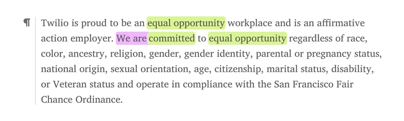 Image of equal opportunity statement in Twilio job ad, analyzed in Textio platform showing strong equal opportunity language highlighted