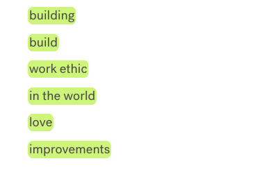 List of green-highlighted terms considered "positive language" including "building," "build," "work ethic," "in the world," "love," and "improvements"