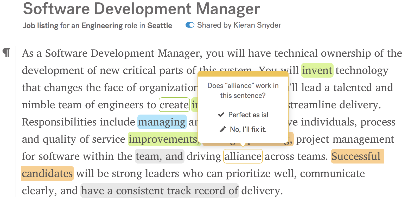 Screenshot of experimental suggestion for alternative terms in job post copy in Textio