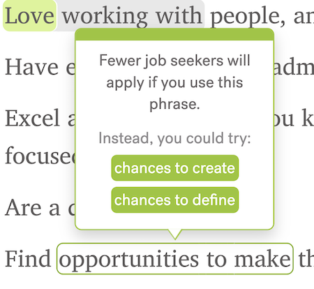 Tooltip for opportunity phrase "opportunities to make" showing two suggested replacement phrases