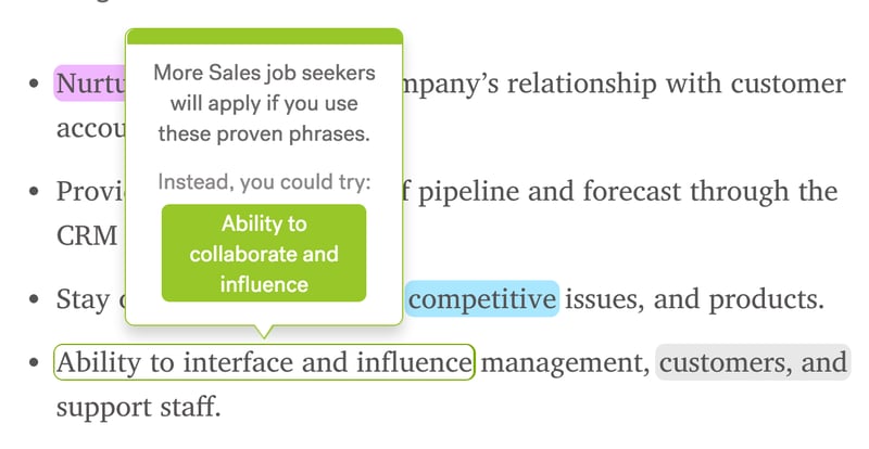 Screenshot of Textio's writing experience with a green outlined phrase hovered over to show an opportunity to change it to a green phrase for Sales job seekers