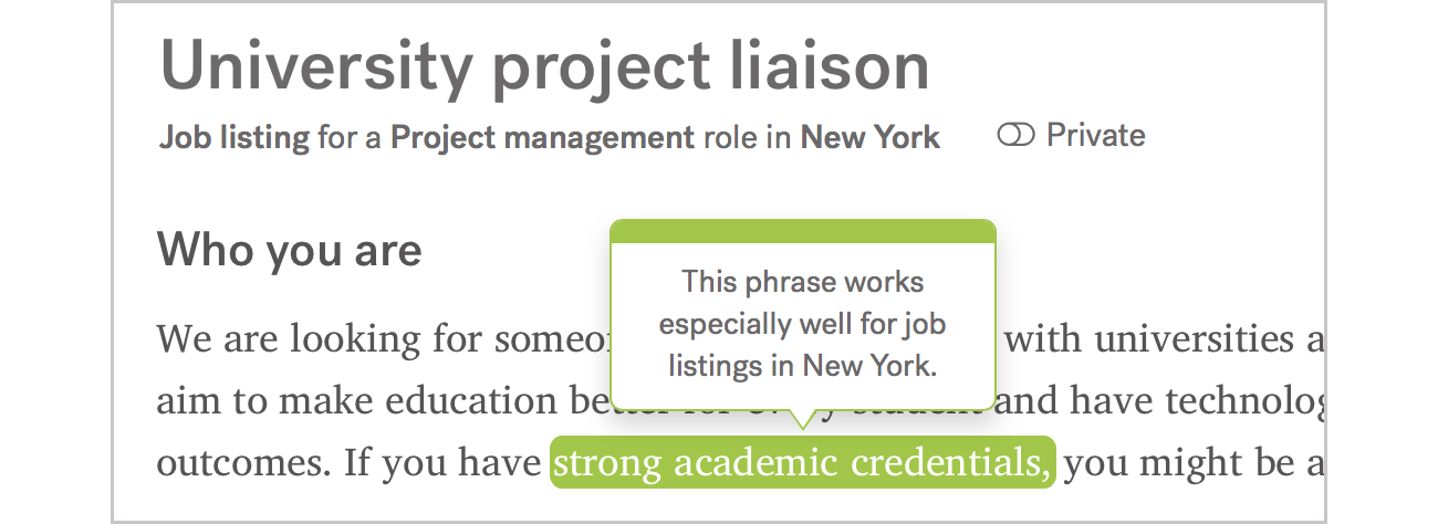 Screenshot of Textio's writing experience with a location of New York set and a phrase hover indicating the phrase works especially well for job listings in New York