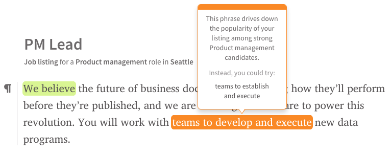 Screenshot of a product management role with an opportunity phrase hovered on to show a job type specific tool tip