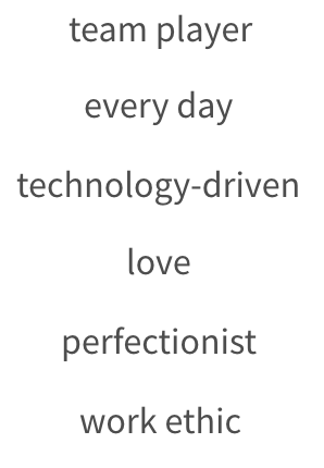 List of phrases: team player, every day, technology-driven, love, perfectionist, work ethic