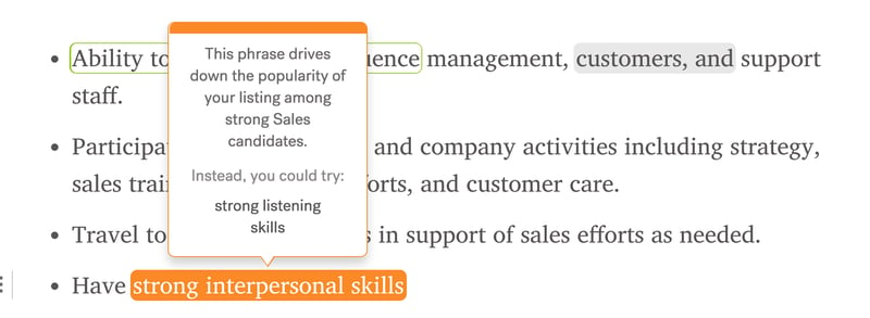 Screenshot of Textio's writing experience with an orange phrase hovered to show a tooltip indicating the phrase drives down popularity among strong Sales candidates