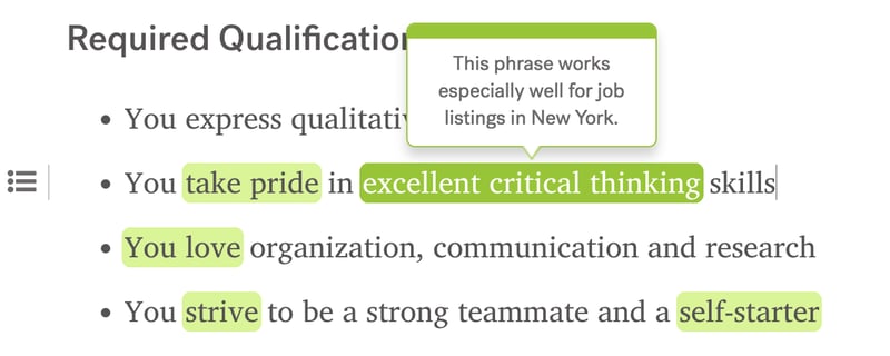 A screenshot from Textio's editor showing that the phrase "excellent critical thinking" works well for job posts in New York