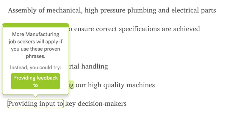Screenshot of Textio's writing experience with a green outlined phrase hovered over to show an opportunity to change it to a green phrase for Manufacturing