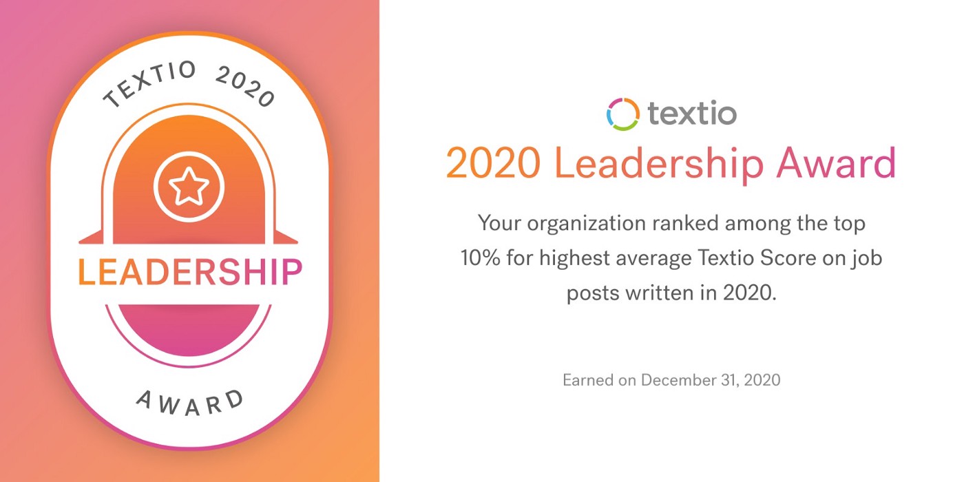 2020 Textio Leadership Award banner with text "Your organization ranked among the top 10% for highest average Textio Score on job posts written in 2020."