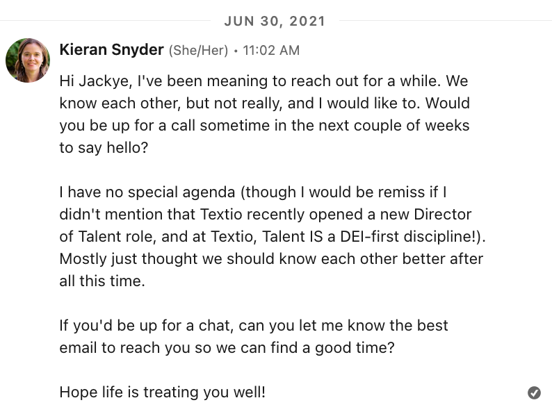LinkedIn inmail message from Kieran Snyder to Jackye Clayton