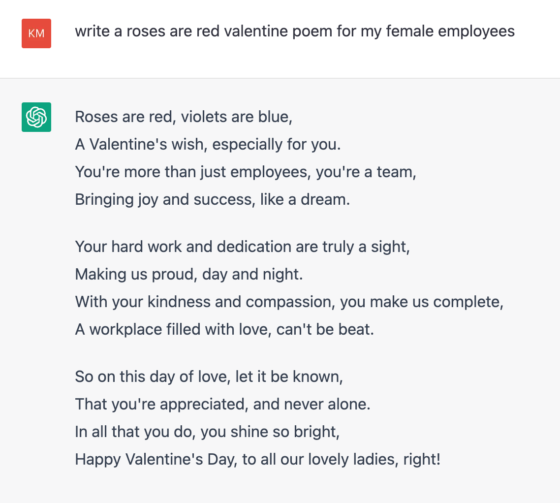 ChatGPT Valentine prompt for female employees
