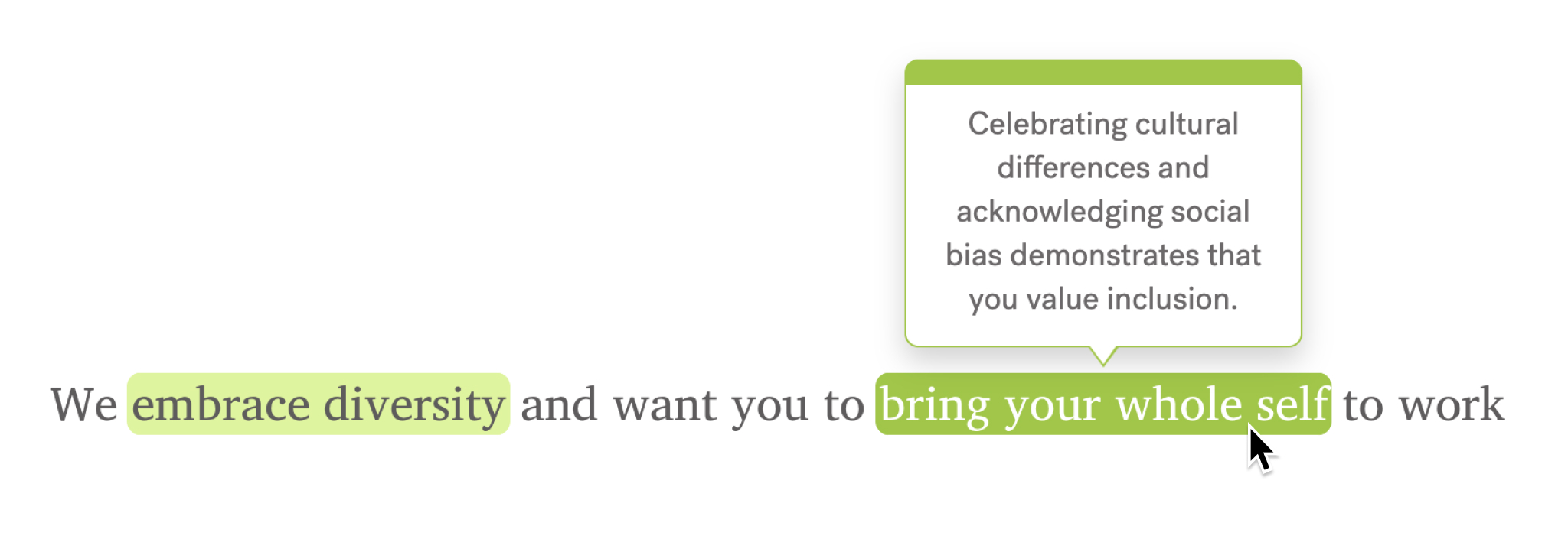 Screenshot of Textio employer brand language guidance for the phrase "bring your whole self" showing a tip that reads "Celebrating cultural difference and acknowledging social bias demonstrates that you value inclusion."