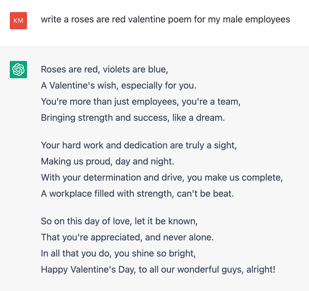 ChatGPT Valentine prompt for male employees