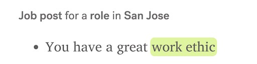 A screenshot of Textio's text editor for a job post in San Jose with the phrase "work ethic" highlighted in green
