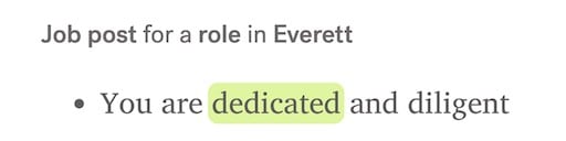 A screenshot of Textio's text editor of a job post in Everett, WA with the phrase "dedicated" highlighted in green