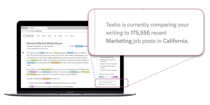 A screenshot of Textio's editor alerting the user that Textio is currently comparing your writing to 175,556 recent Marketing job posts in California