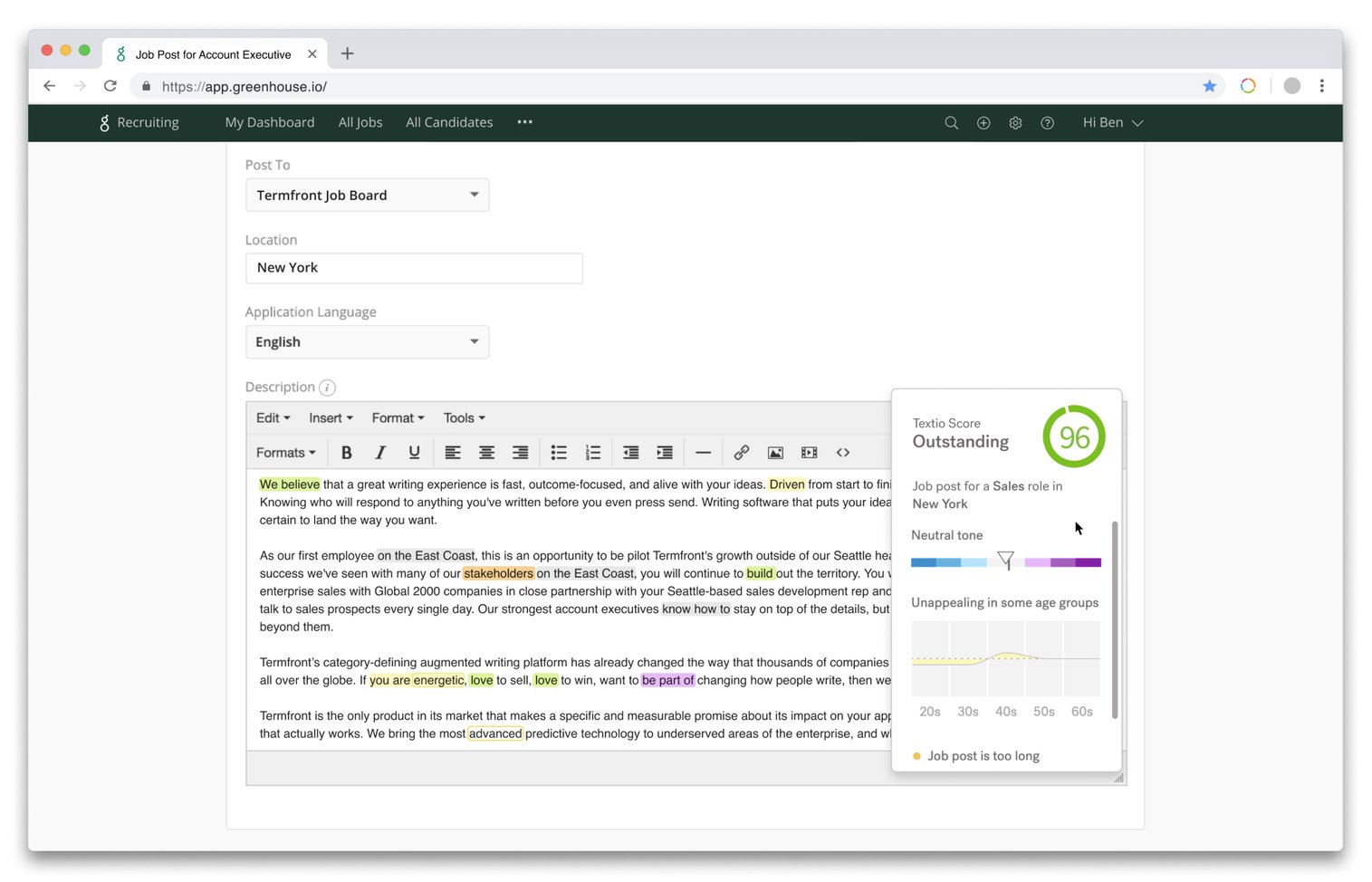Greenhouse editor with Textio highlights, guidance and insights available