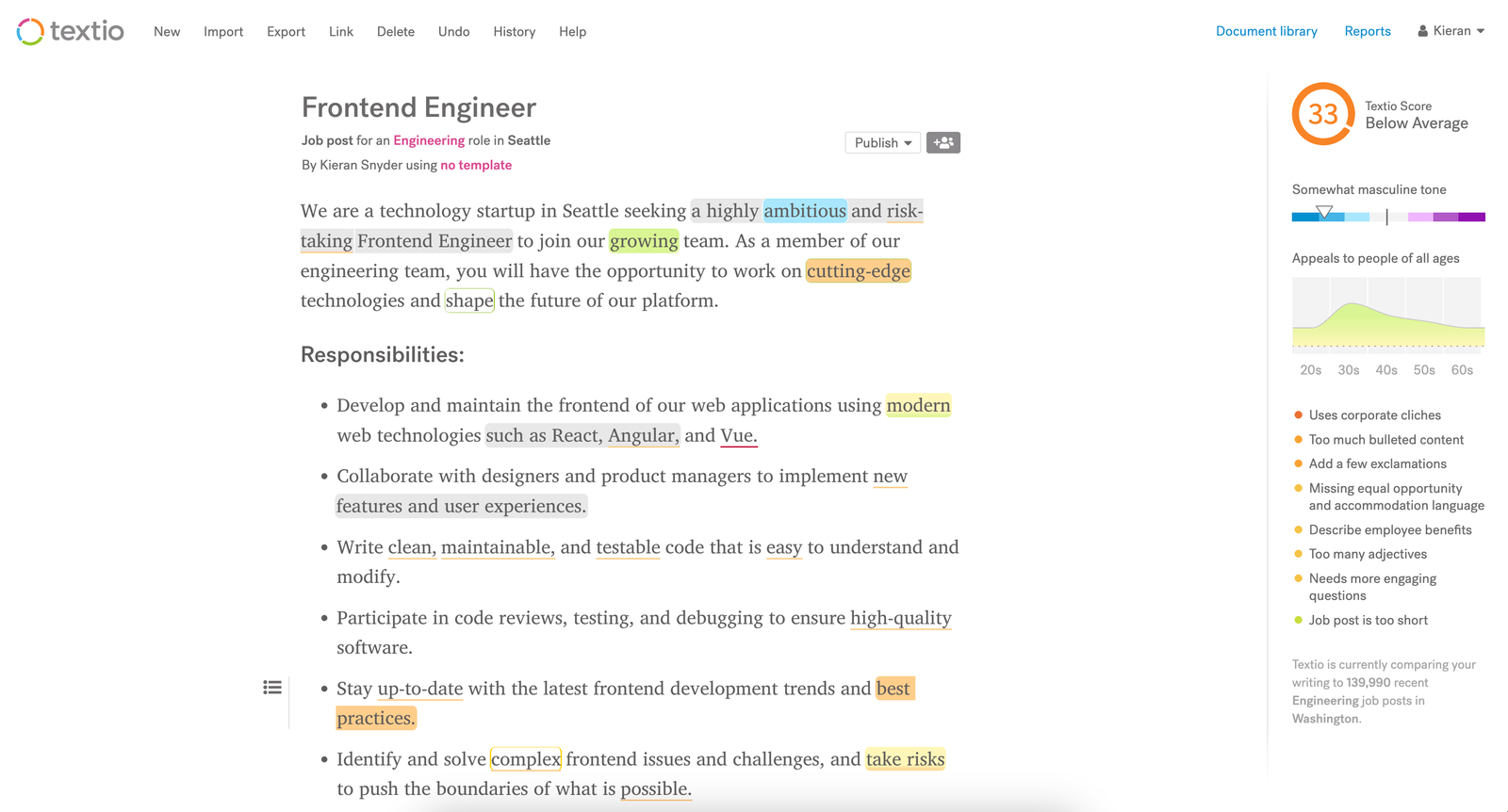 Textio’s analysis of ChatGPT’s frontend engineer job post