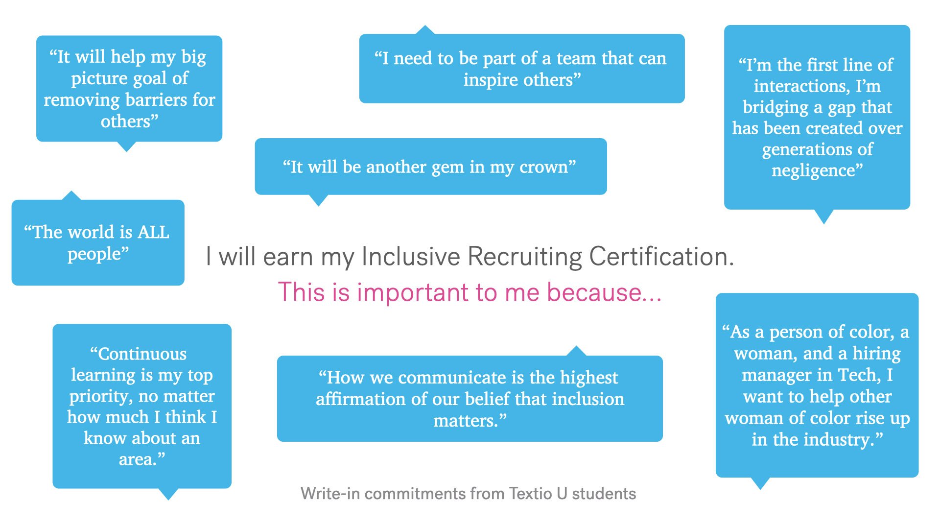 Graphic of speech bubbles with quotes from Textio U students completing the passage "I will earn my Inclusive Recruiting certification. This is important to me because..."