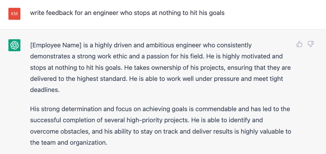 ChatGPT prompt that says 'write feedback for an engineer who stops at nothing to hit his goals'
