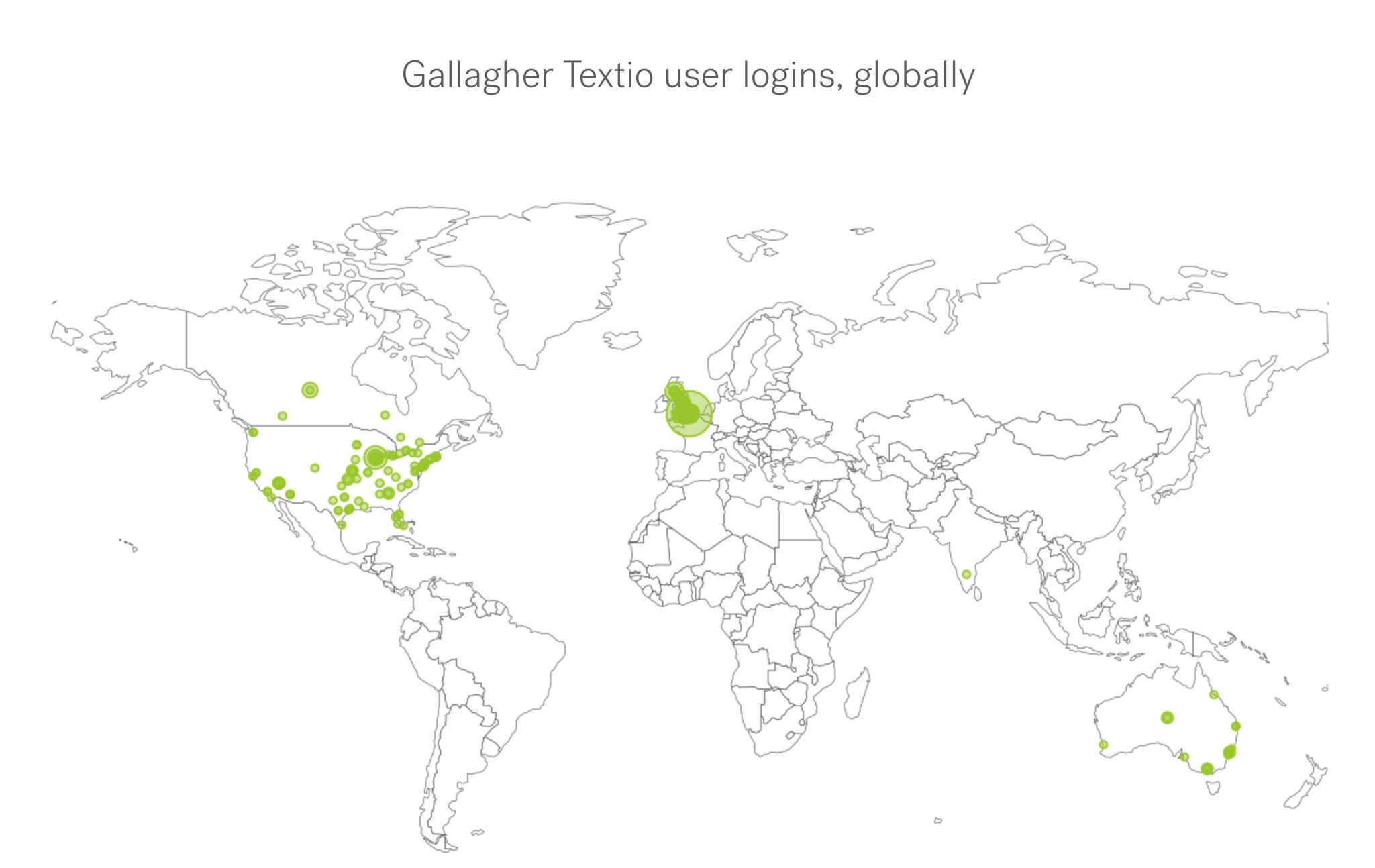 Global map image labeled "Gallagher Textio user logins, globally" with highlighted areas the US, Canada, UK, Australia and India