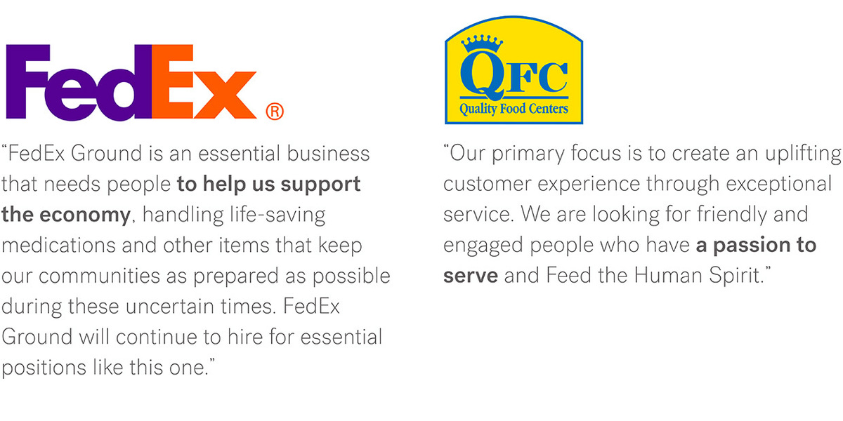 Snippets of job descriptions from FedEx and QFC with bolded language about support and service