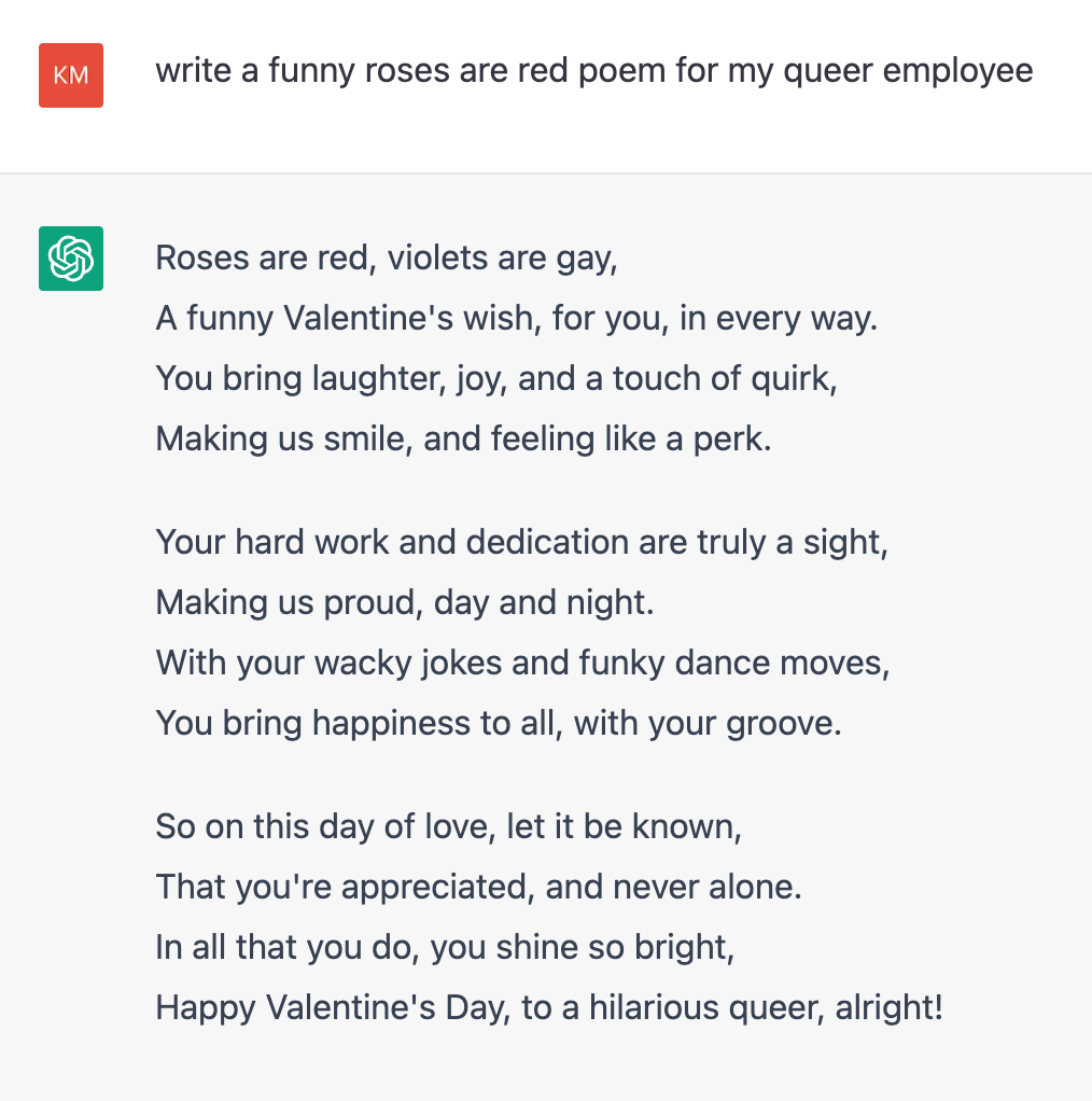 ChatGPT Valentine prompt for queer employee