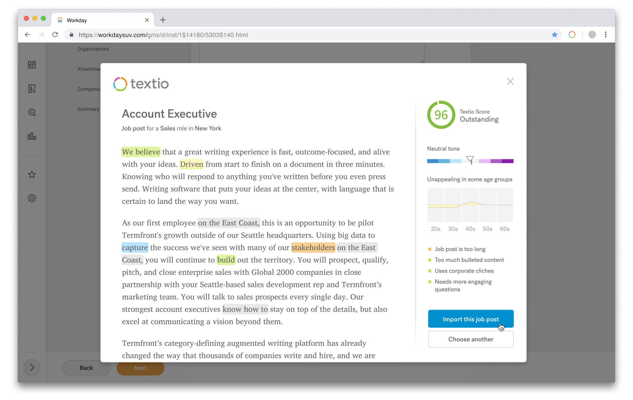 Textio in-product screenshot of Textio job post editor within Workday