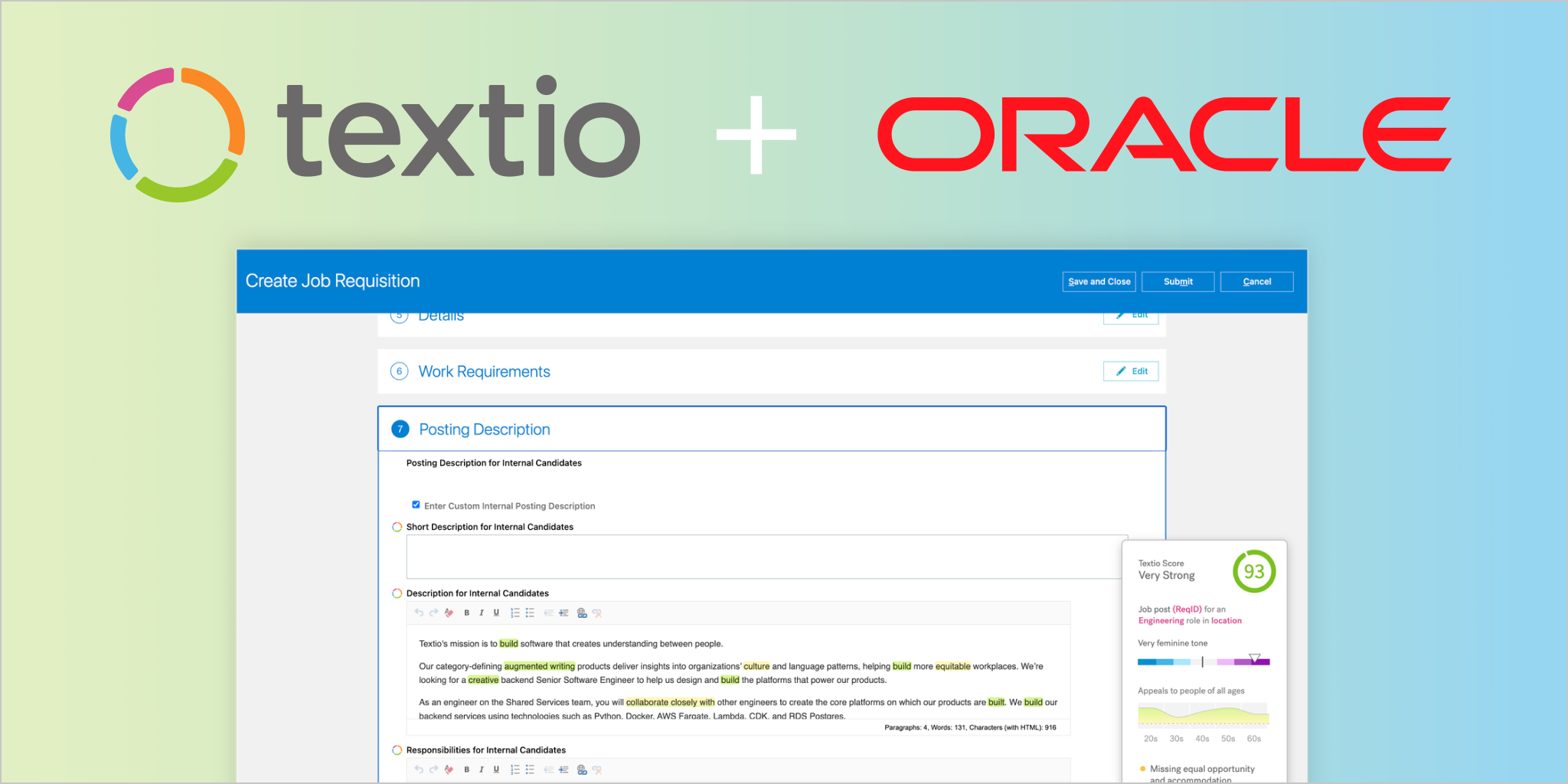Textio and oracle on a blue green gradient background with a product screenshot. 