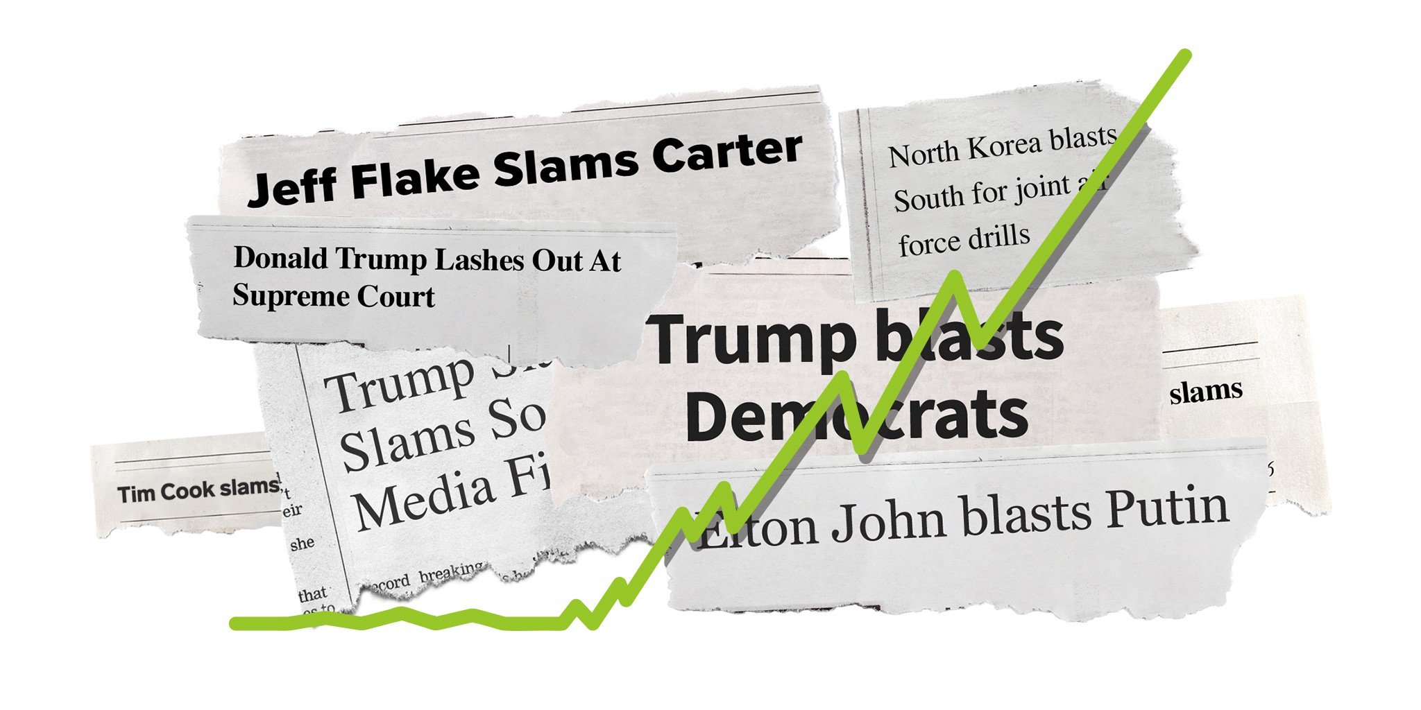 Clippings of newspaper headlines with a green line going up and to the right showing an increase