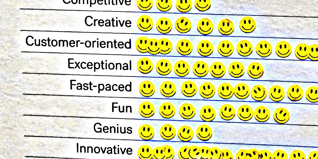 Words with smilie face stickers to vote for which words represent culture at voter's companies