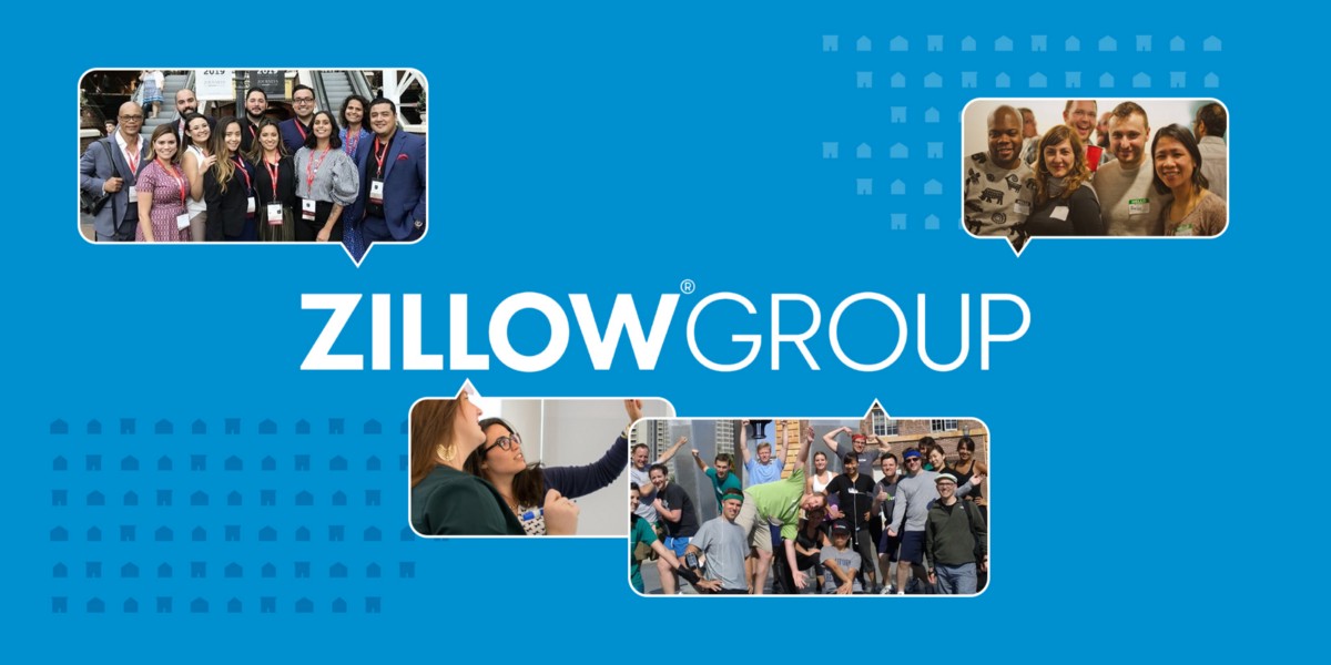 ZILLOWGROUP text with images of the Zillow Group team in conversation bubbles on a blue background