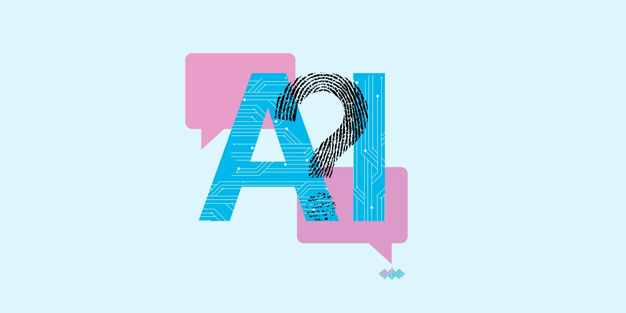 AI with two conversation bubbles and a question mark printed with a fingerprint