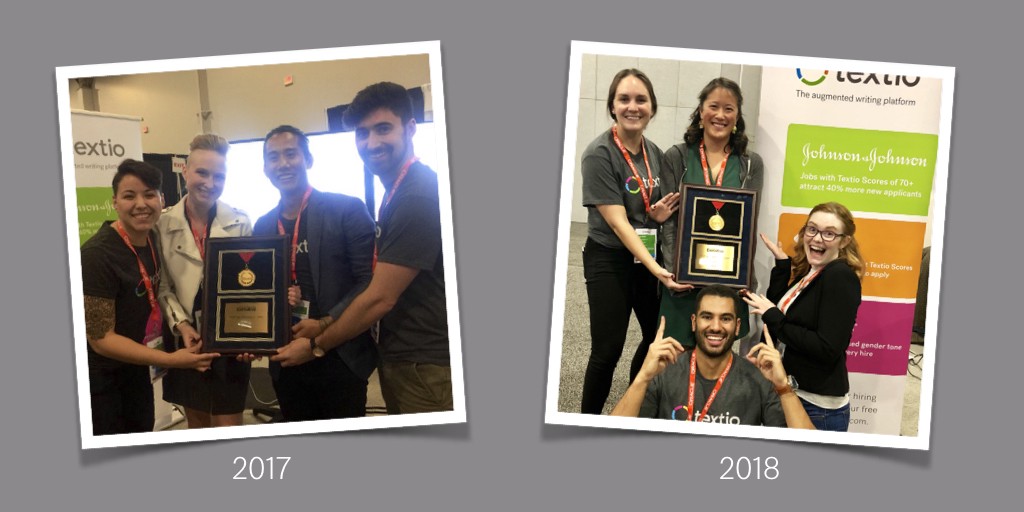 Two photos left from 2017 of the Textio team holding the award, right a different Textio team holding the award