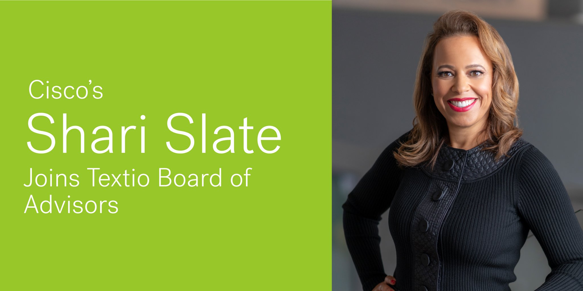 Image of Shari Slate next to text on green background "Cisco's Shari Slate Joins Textio Board of Advisors"