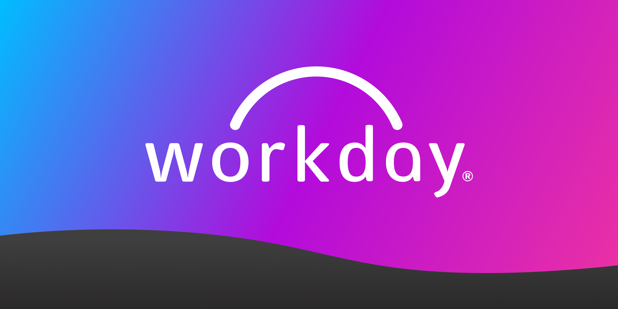 Workday logo over gradient purple to pink background with black "wave" at the bottom